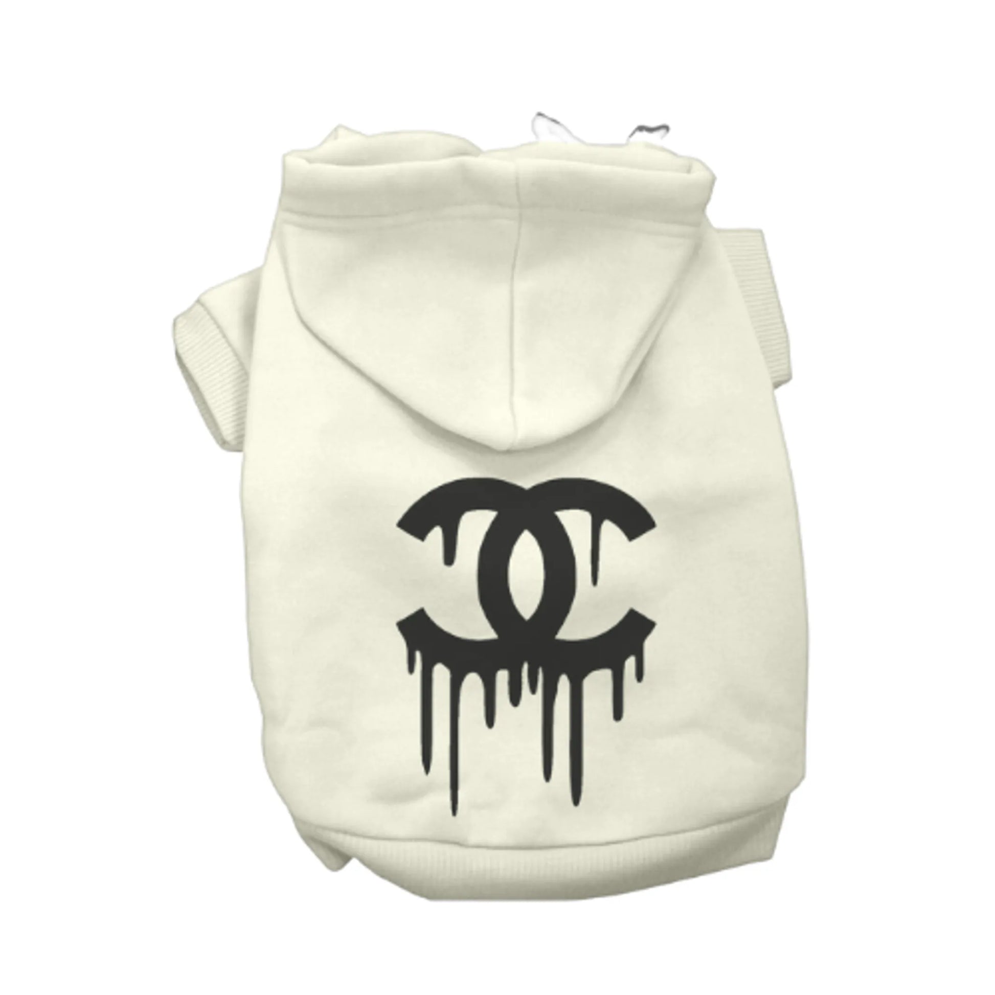 White hoodie for dogs with black dripping logo on back, Chewnel Drippy Dog Hoodies design, pet supplies from PetsPerfect.
