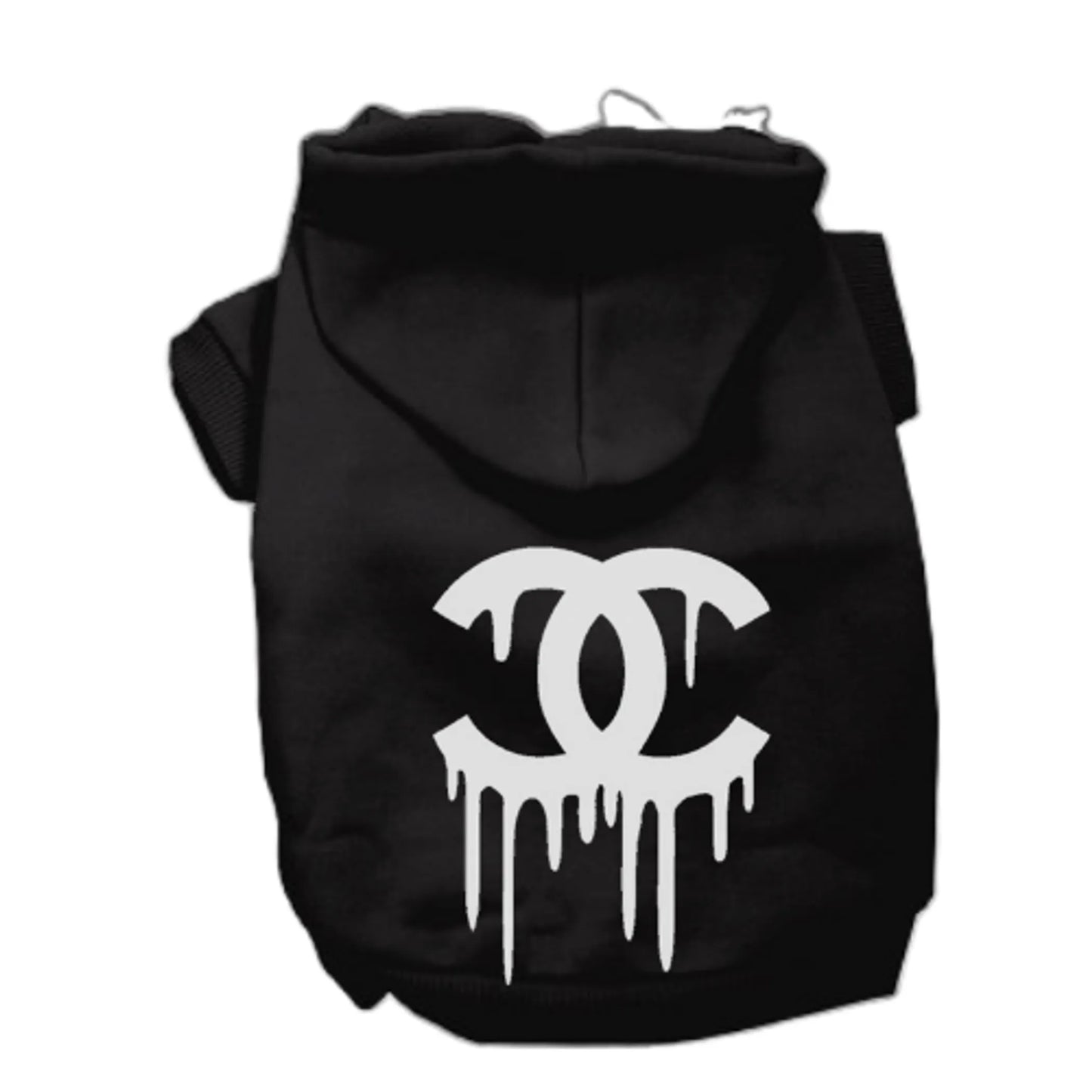 Black dog hoodie featuring a white dripping design on the back, Chewnel Drippy Dog Hoodies style.