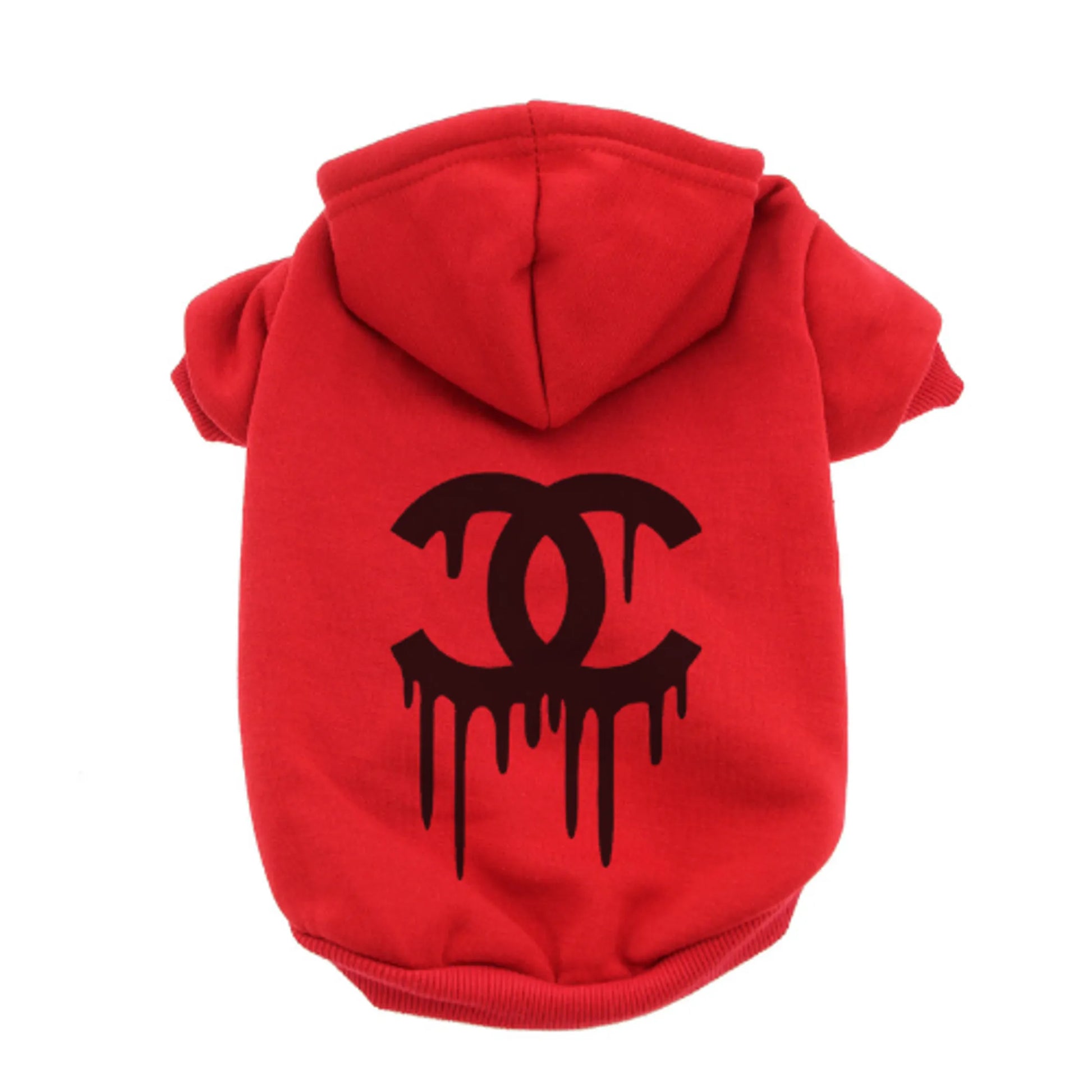Red hoodie for dogs with black dripping double-C logo design, Chewnel Drippy Dog Hoodies style.