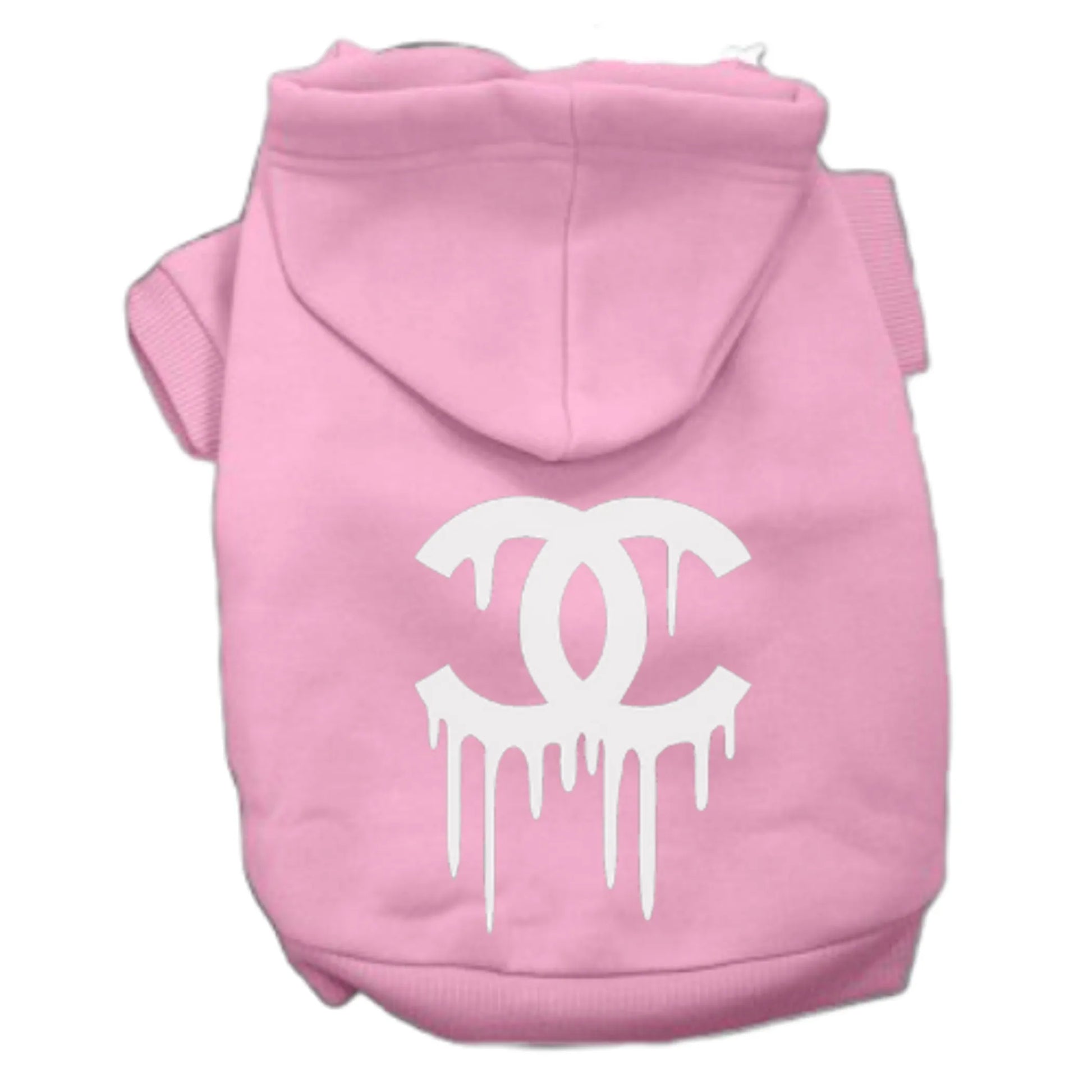 Pink dog hoodie with white dripping logo design, part of Chewnel Drippy Dog Hoodies collection from PetsPerfect.