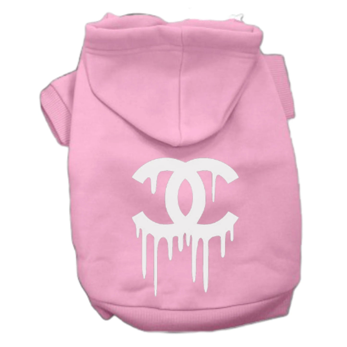 Pink pet hoodie with white dripping logo design, part of the Chewnel Drippy Dog Hoodies collection.