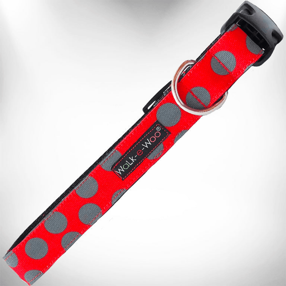 Elegant Red Polka Dot Dog Collar by Walk-e-Woo, Grey Dot On Red/Xl 1.5" Wide Fits 18-28" Neck, view 5
