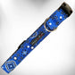 Blue patterned Bandana Dog Collars with sturdy black buckle and metal D-ring for leash attachment.