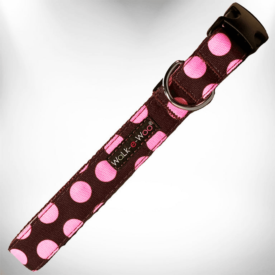 Elegant Red Polka Dot Dog Collar by Walk-e-Woo, Grey Dot On Red/M 1" Width Fits 12-18" Neck, view 3