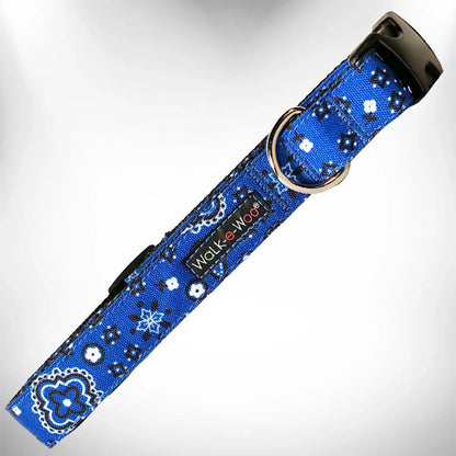 Blue patterned Bandana Dog Collars with black buckle and metal ring for attaching leash or tags.
