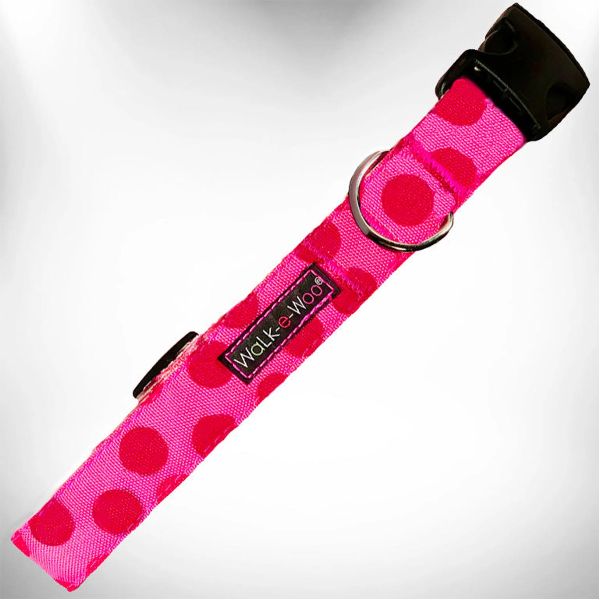 Bright pink dog collar with large red polka dots and black buckle from Polka Dot Dog - Monotone Collars