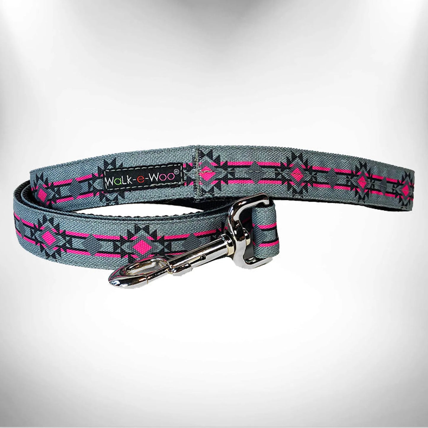 RaDog Leash in gray with pink and black geometric pattern, featuring a metal clasp for secure dog walks.
