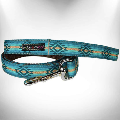 RaDog Leash in blue and tan geometric pattern with metal clasp for secure dog walking and training.