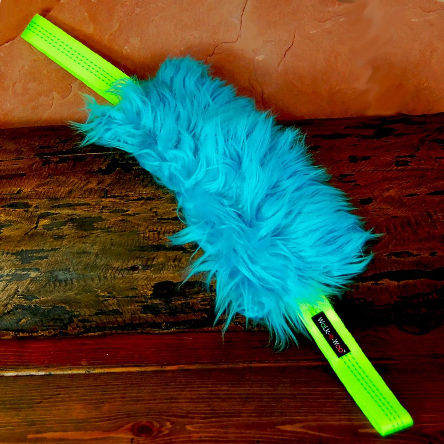 Walk-e-Woo TugGRRR Toys fluffy blue tug toy with bright green handles for durable dog play and pet supplies