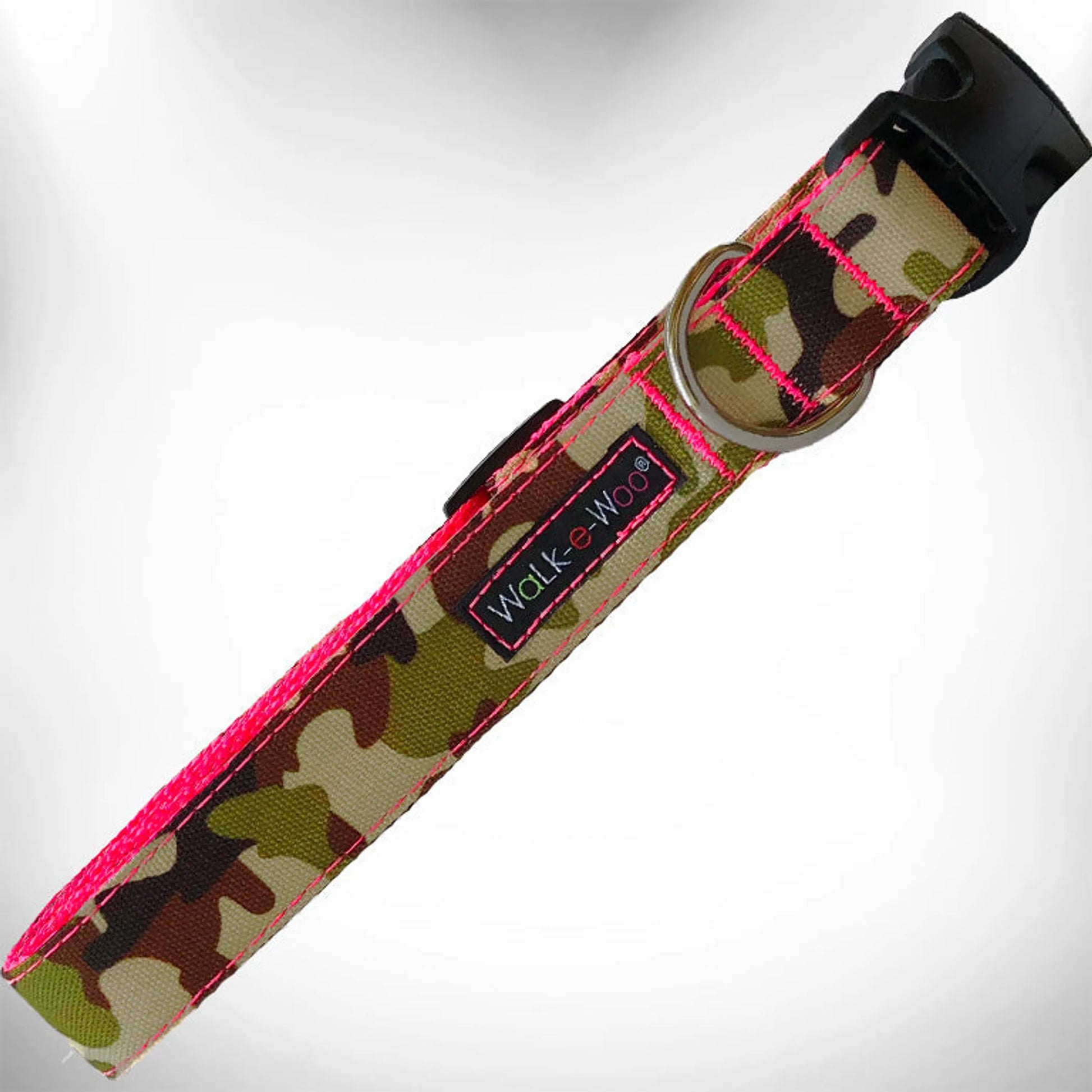 Camo Dog Collars with pink stitching and a metal ring for leash attachment, designed for durability and style.