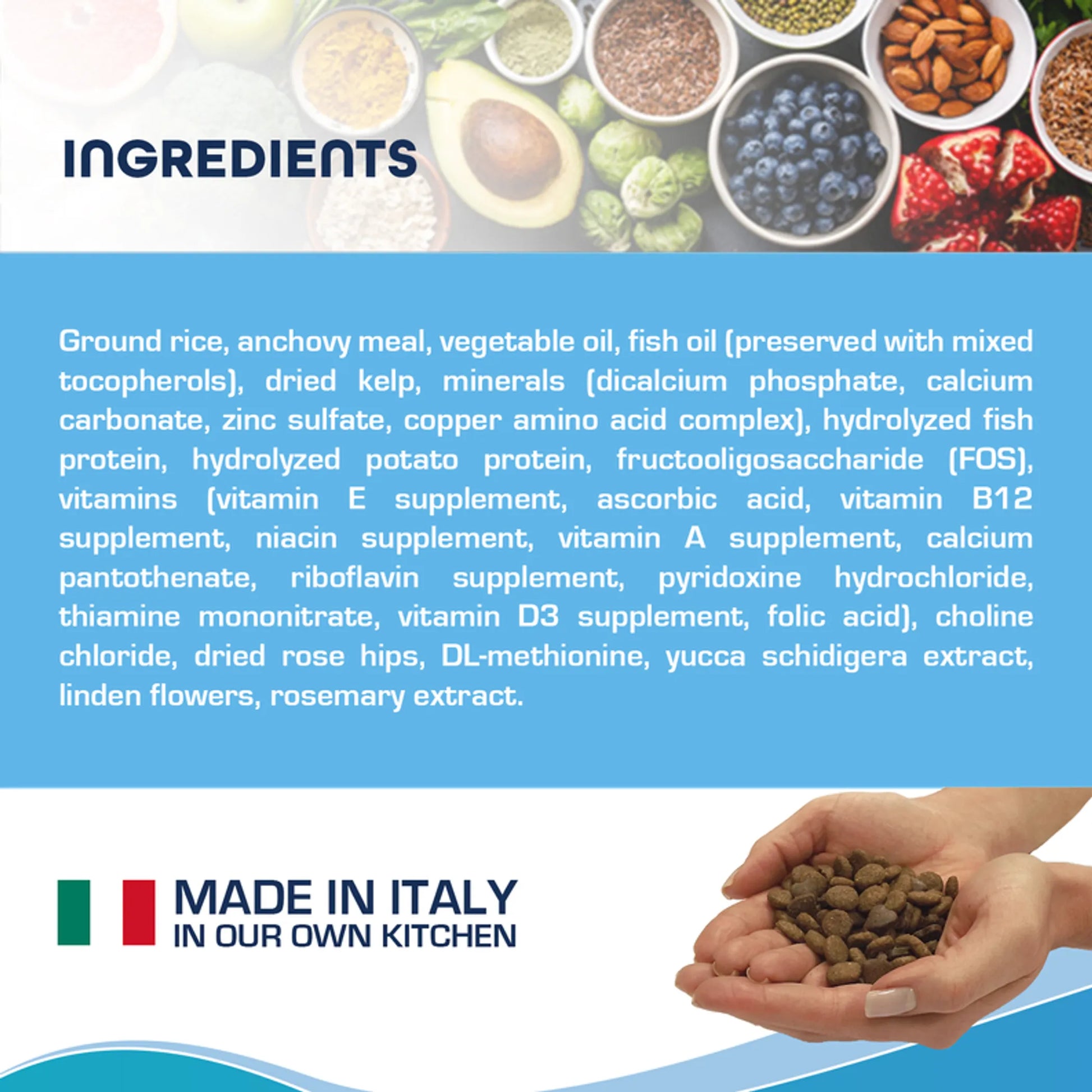 Ingredients list of Forza10 Active Oto Support Diet Dry Dog Food with natural extracts and vitamins, made in Italy.