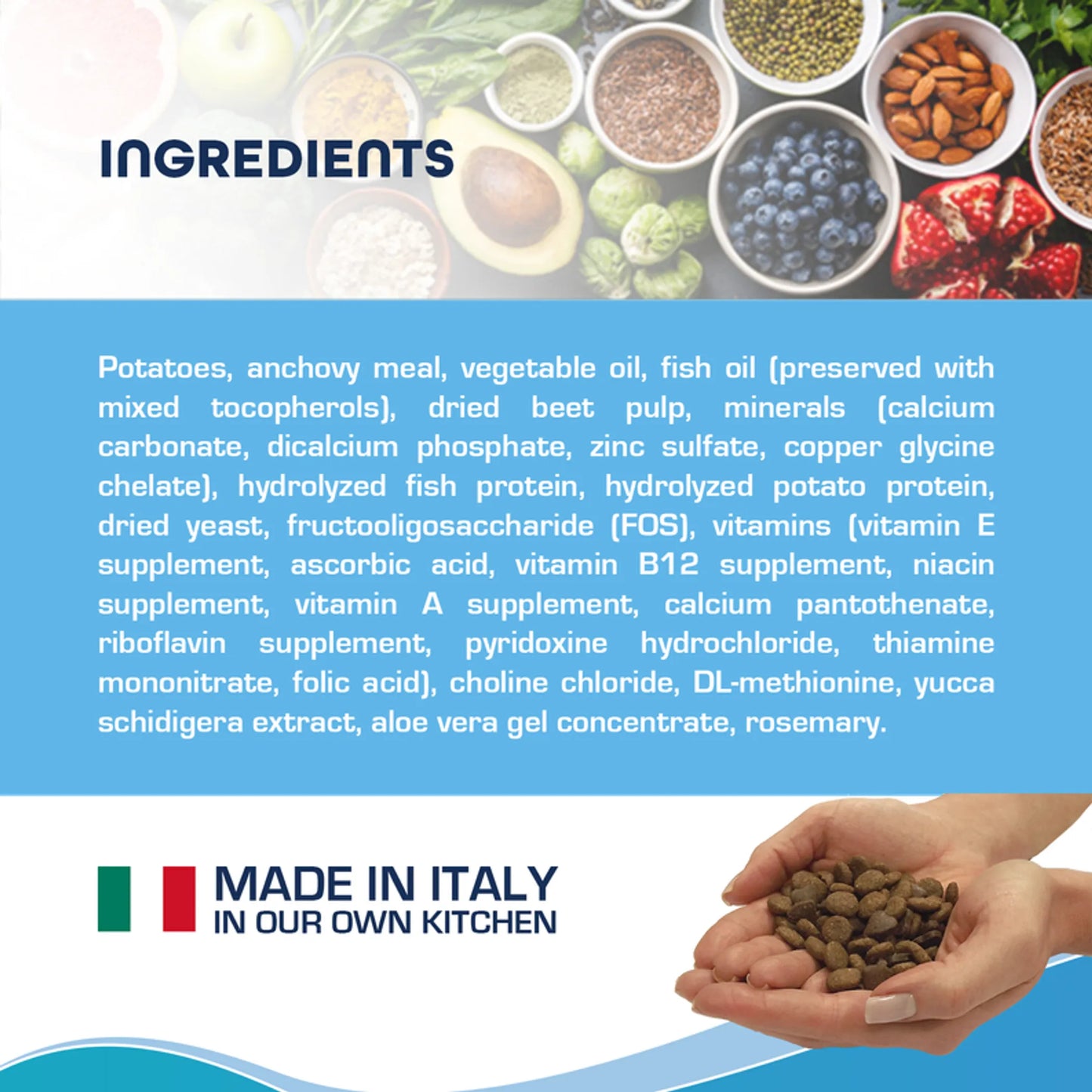 Ingredients list for Forza10 Active Dermo Dry Dog Food with fresh natural components and hand-held kibble portion.