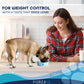 Woman smiling at small dog eating from bowl promoting Forza10 Active Weight Control Diet Dry Dog Food