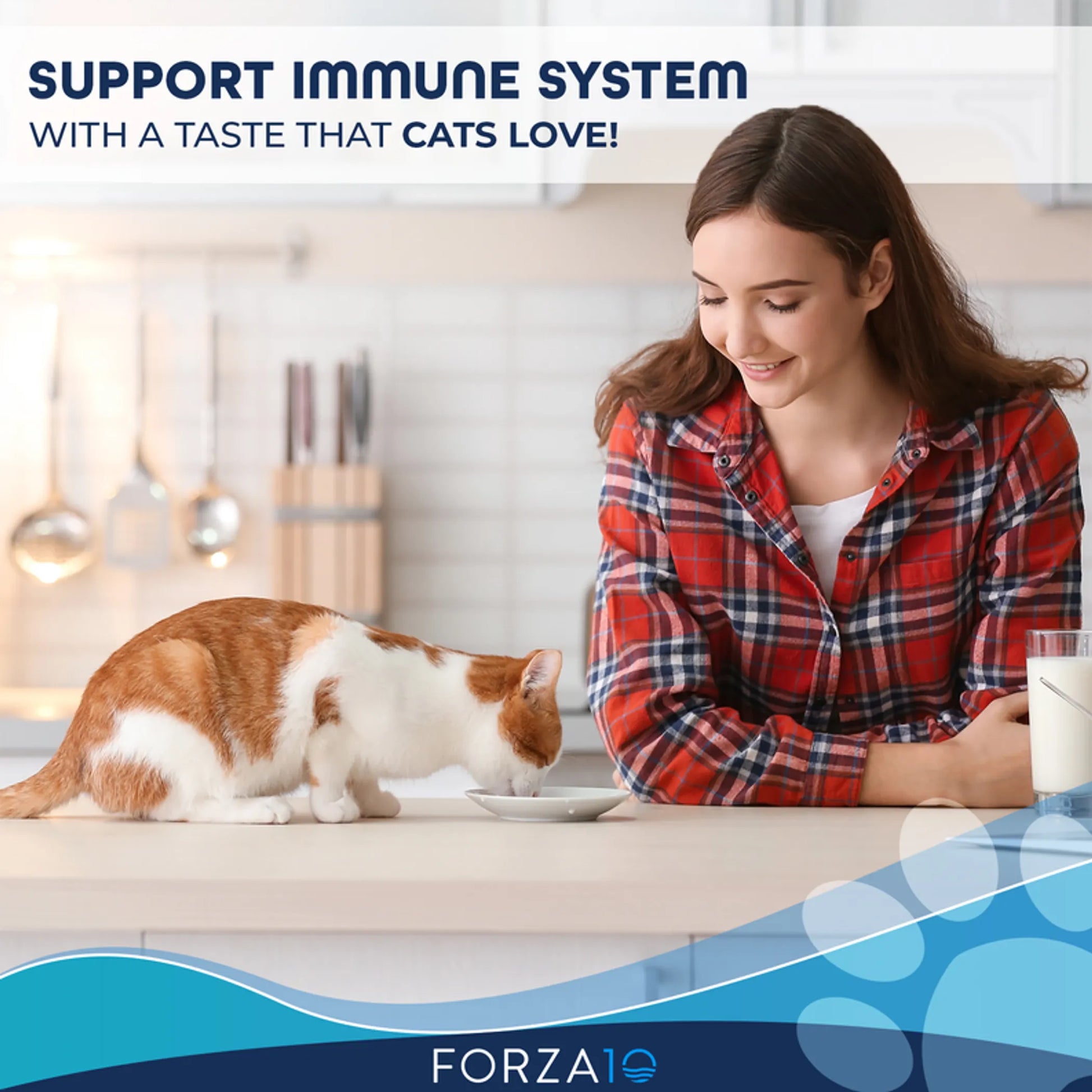 Woman in red plaid shirt watching cat eat from a dish promoting Forza10 Active Immuno Support Diet Dry Cat Food.