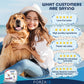 Woman hugging happy golden retriever on beach with Forza10 Actiwet Renal Support Canned Dog Food and customer reviews visible
