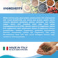 Forza10 Legend Skin Grain-Free Dry Dog Food ingredients list with made in Italy label and hand holding kibble.