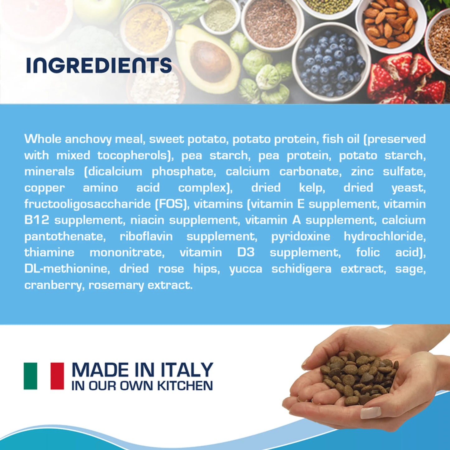 Forza10 Legend Skin Grain-Free Dry Dog Food ingredients list with made in Italy label and hand holding kibble.
