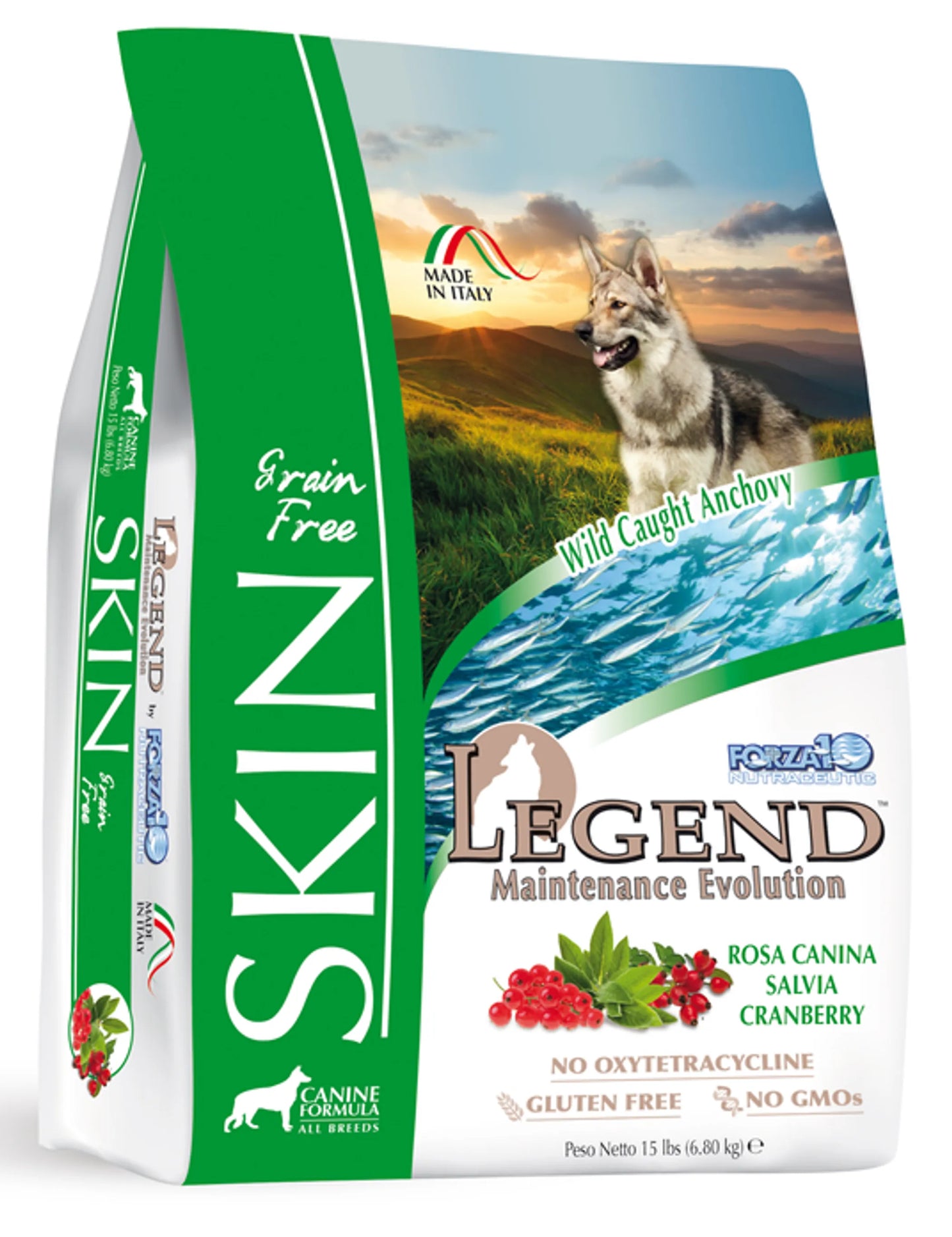 Forza10 Legend Skin Grain-Free Dry Dog Food with wild caught anchovy, cranberry, and herbal blend, made in Italy.