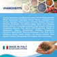 Close-up of Forza10 Sensitive Digestion Plus ingredients list with Italian origin label and hand holding dog kibble pellets.