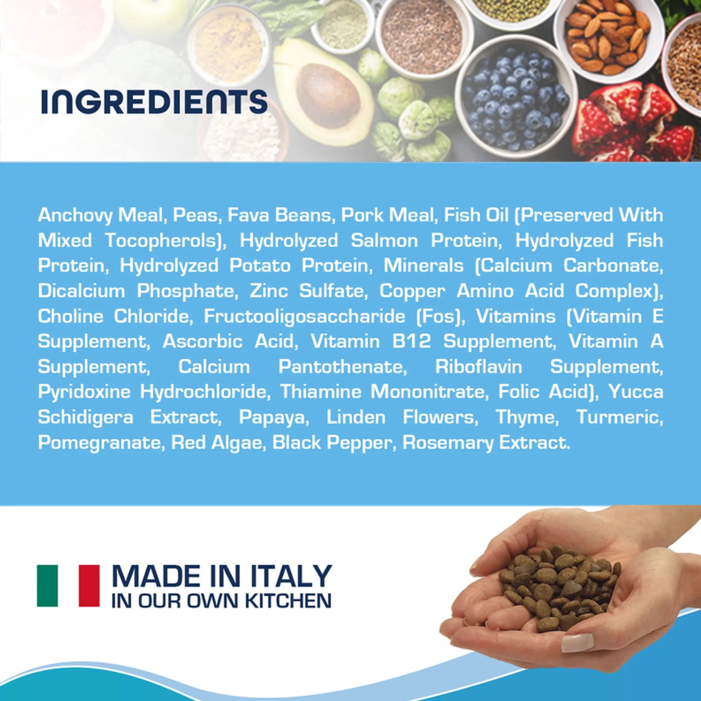 Forza10 Sensitive Ear Plus ingredients list with natural and vitamin supplements, made in Italy pet food product label.