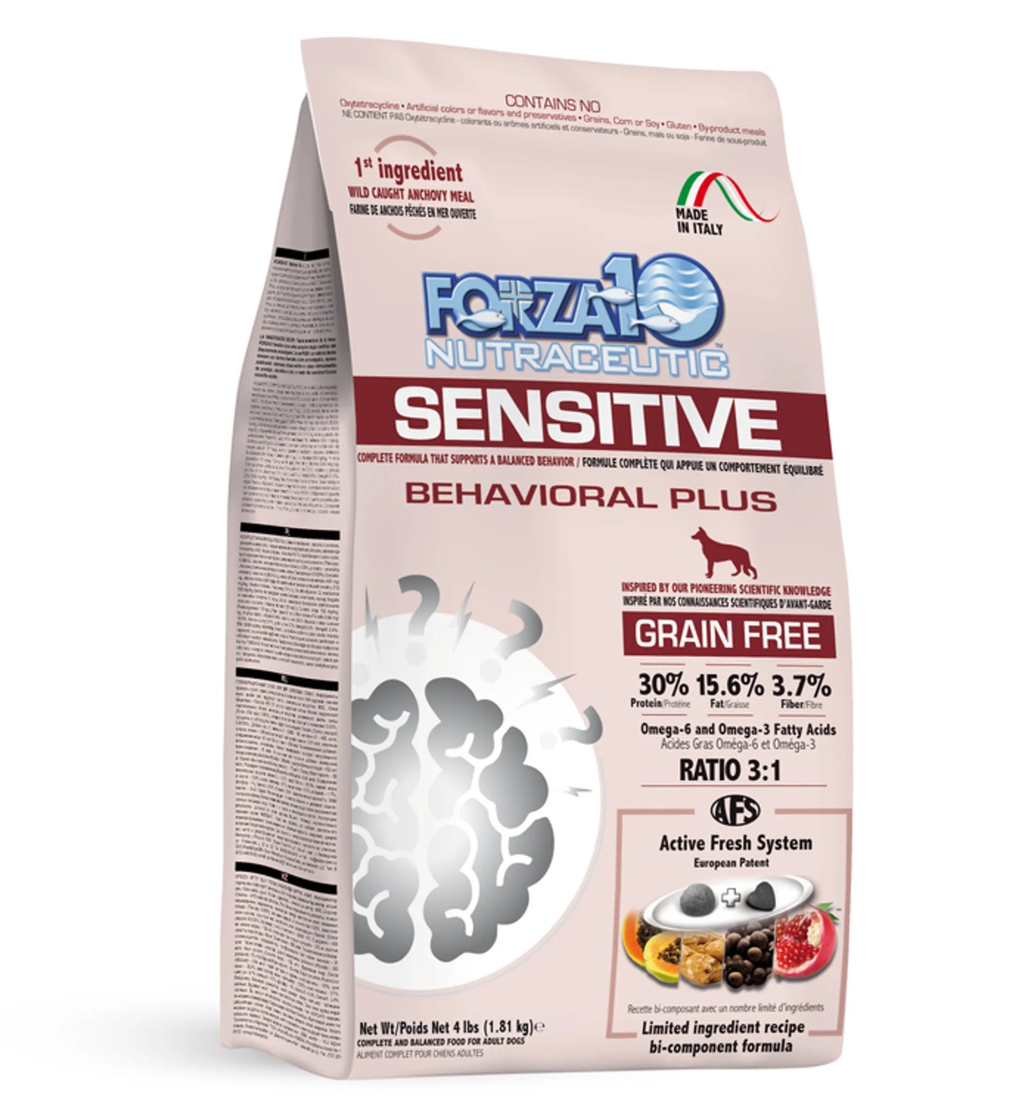 Forza10 Sensitive Behavioral Plus grain-free dog food bag with omega-rich formula and limited ingredients from a national online pet store.
