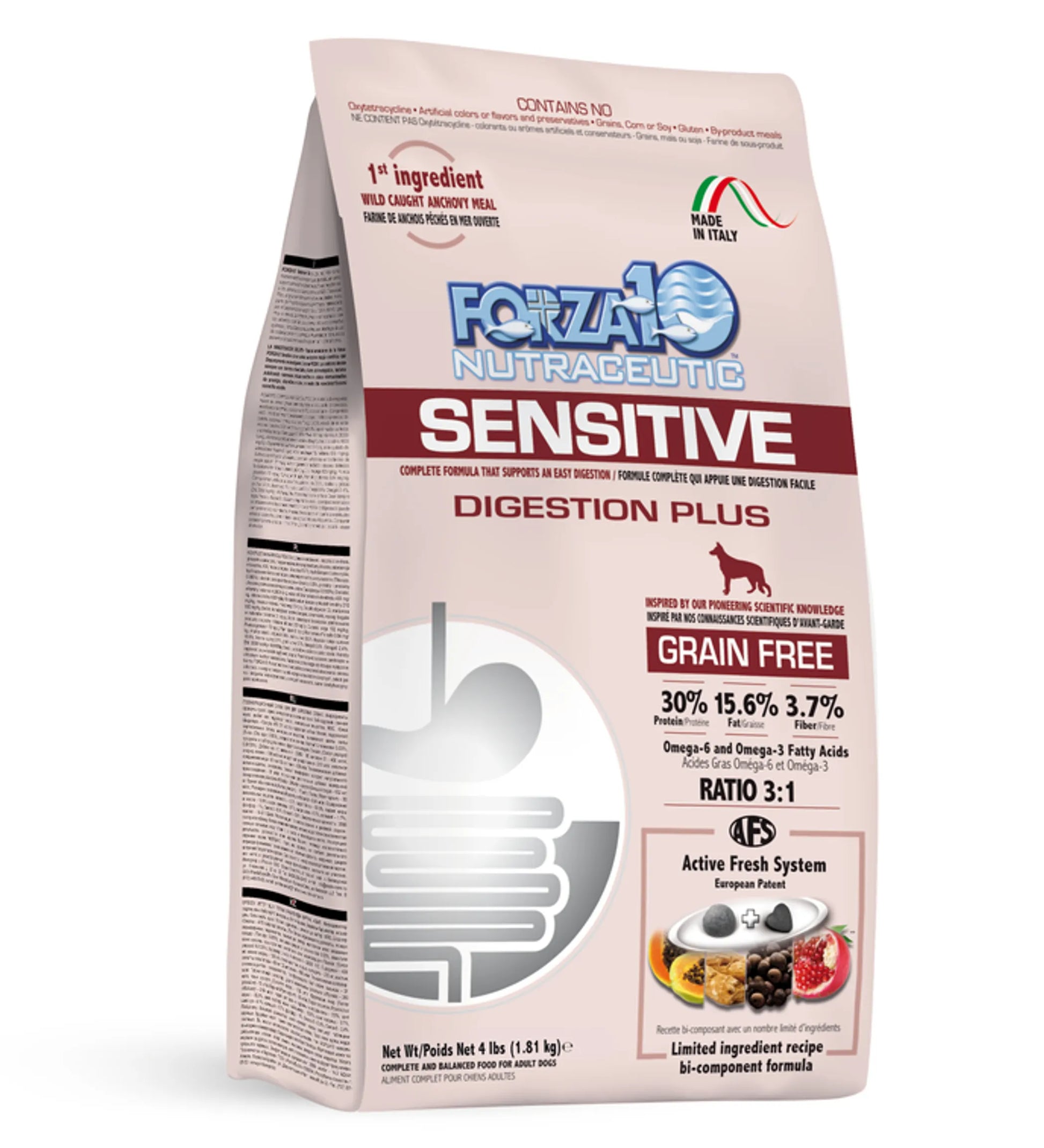 Forza10 Sensitive Digestion Plus grain free pet food with omega fatty acids for sensitive digestion and gut health.