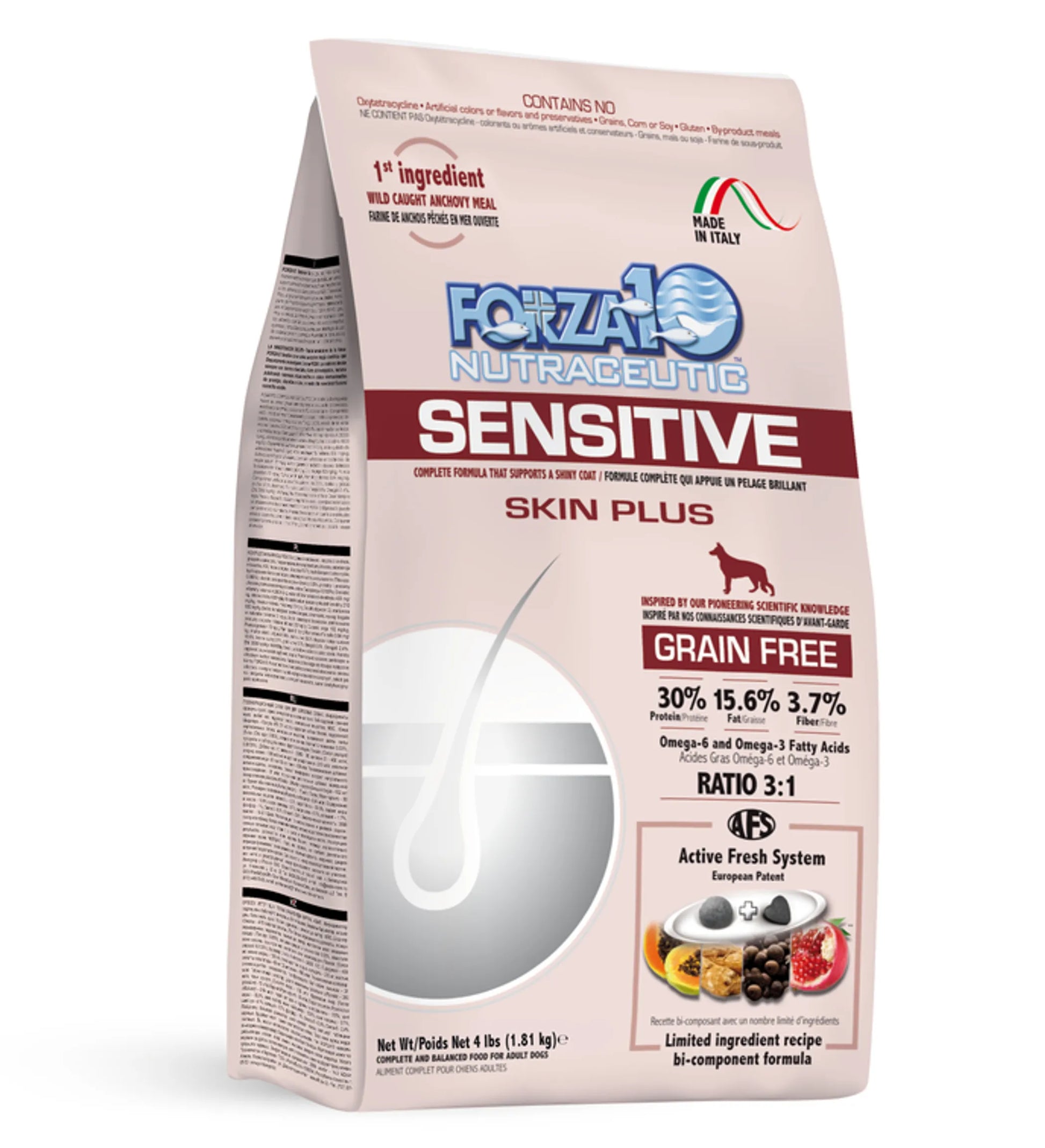Forza10 Sensitive Skin Plus grain-free dog food with wild caught anchovy meal and omega fatty acids support