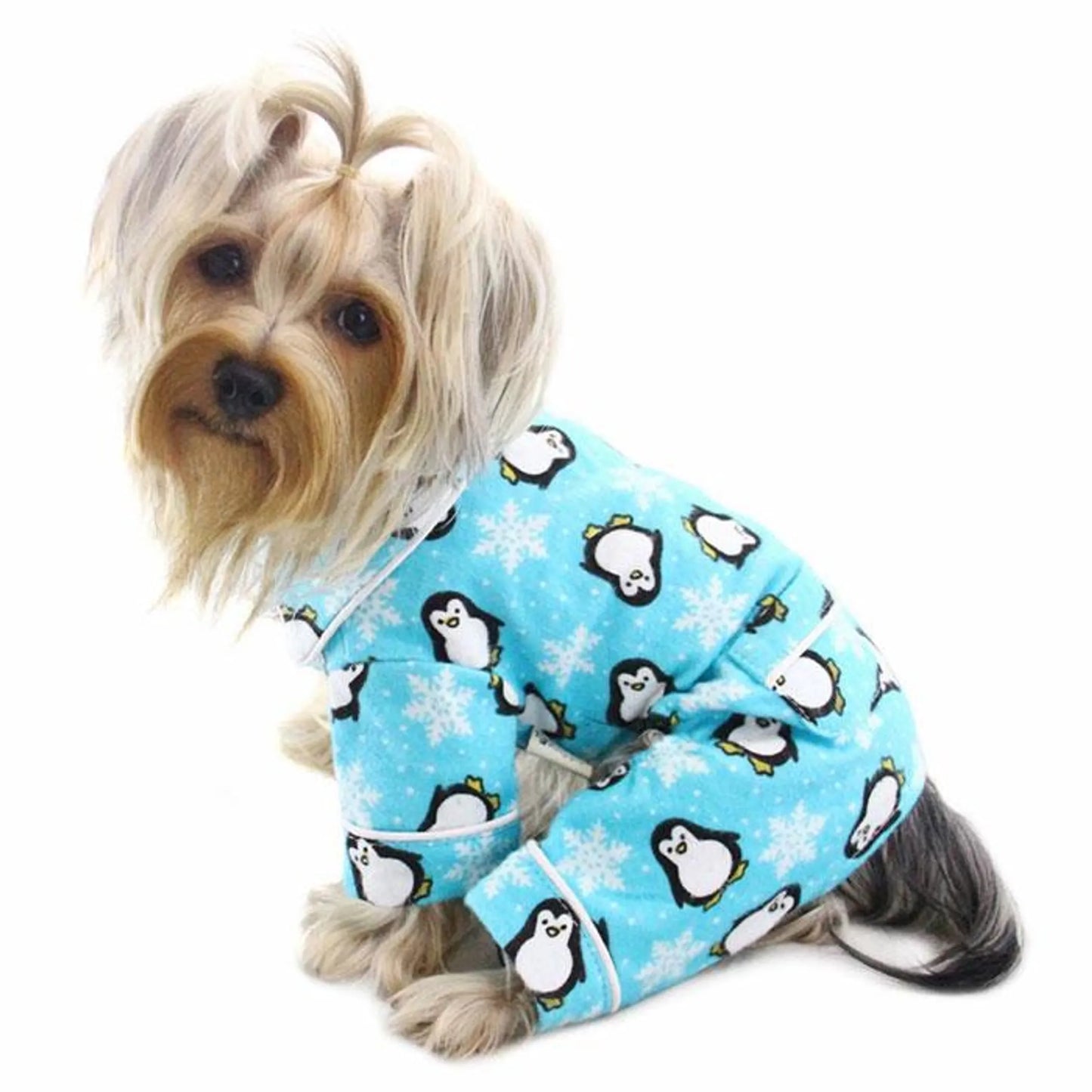 Klippo Pet Penguins & Snowflake Flannel Dog Pajamas with 2 Pockets - Turquoise