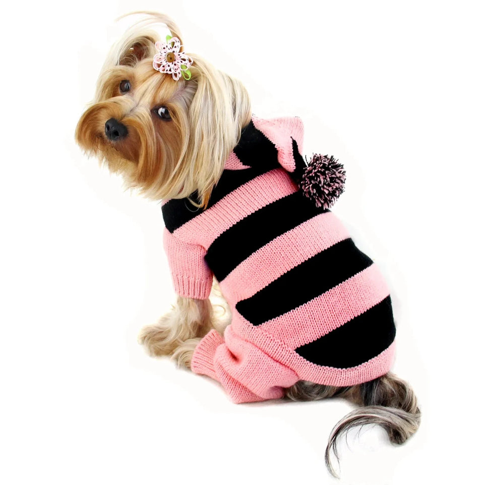 Stripy Bodysuit with Long Hoodie and Pompom - Pets Perfect