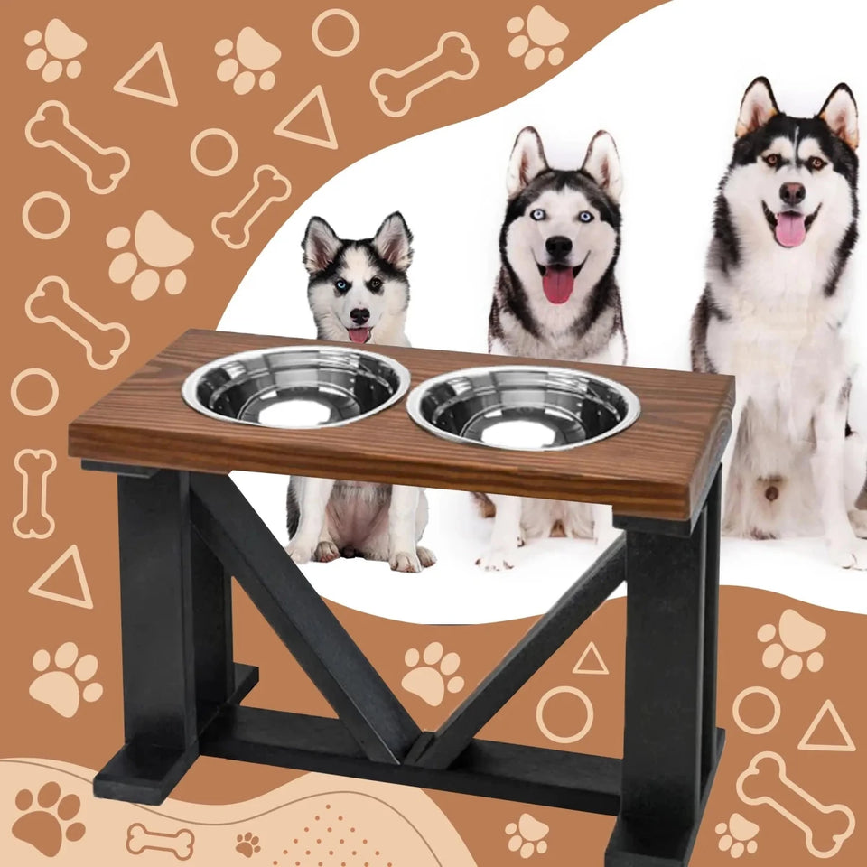 Farmhouse 2-Bowl Elevated Dog Feeder Chestnut Medium, Black Base - Pets Perfect