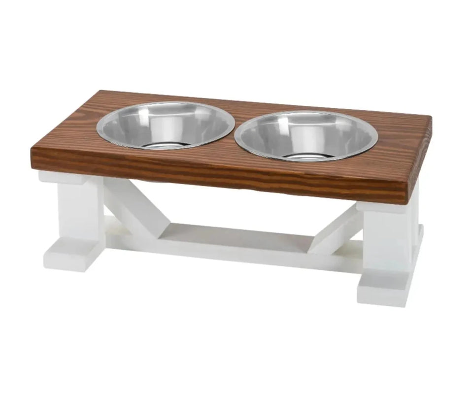 Farmhouse 2-Bowl Elevated Dog Feeder Chestnut Medium, Black Base - Pets Perfect