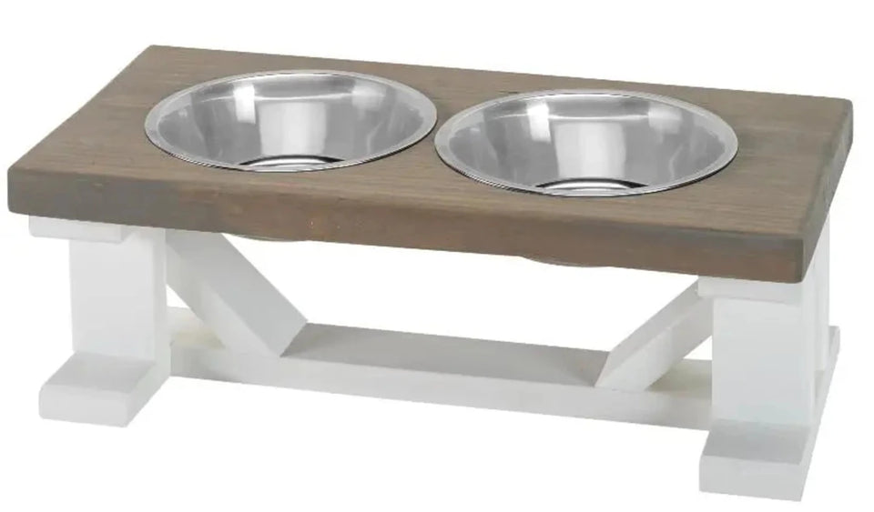 Farmhouse 2-Bowl Elevated Dog Feeder Chestnut Medium, Black Base - Pets Perfect
