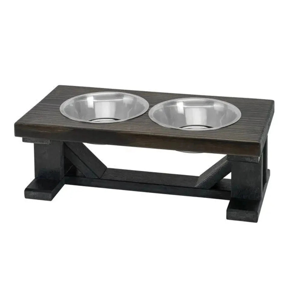 Farmhouse 2-Bowl Elevated Dog Feeder Chestnut Medium, Black Base - Pets Perfect