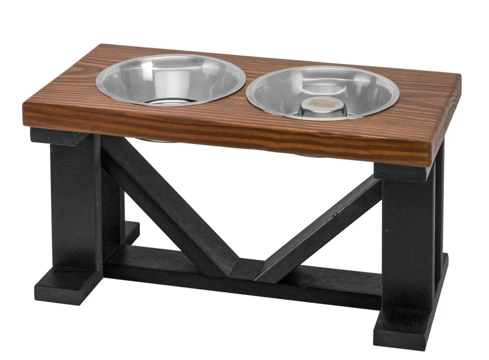 Farmhouse 2-Bowl Elevated Dog Feeder Chestnut Medium, Black Base - Pets Perfect