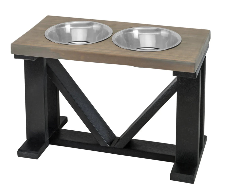 Farmhouse 2-Bowl Elevated Dog Feeder Chestnut Medium, Black Base - Pets Perfect