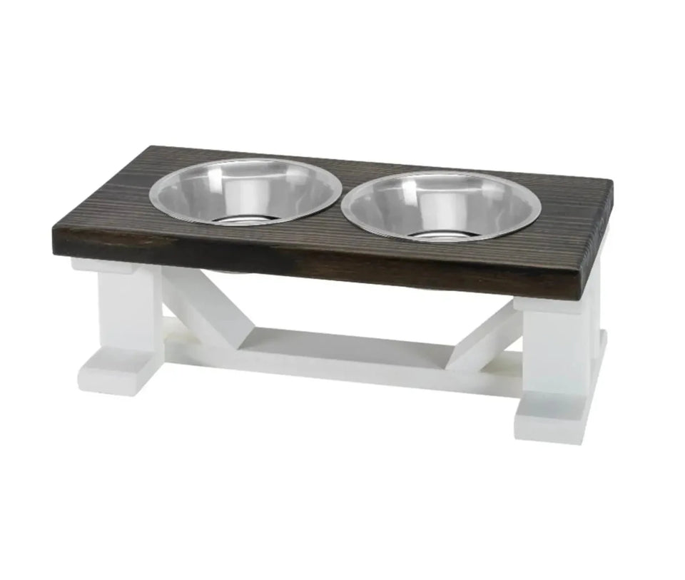 Farmhouse 2-Bowl Elevated Dog Feeder Chestnut Medium, Black Base - Pets Perfect