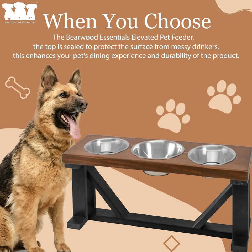 Farmhouse 3-Bowl Elevated Dog Feeder Ebony Small, Black Base - Pets Perfect