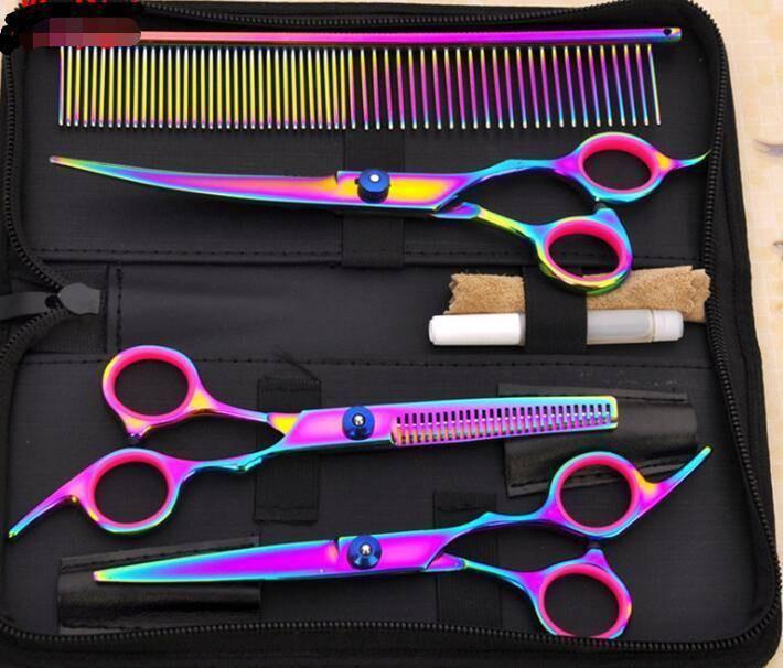 Professional Pet Grooming Scissors Set - 7 - Piece Kit with Curved, Straight & Thinning Shears - Pets Perfect