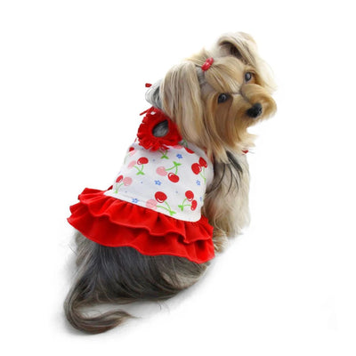 Klippo Soft Knit Cotton Cherries Dog Dress with Shoulder Ties - Pets Perfect