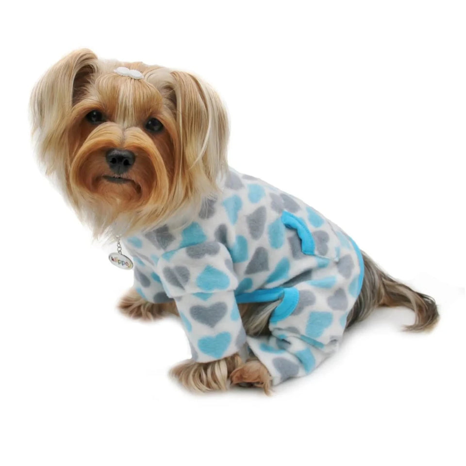 Klippo Blue & Gray Hearts Fleece Dog Turtleneck Pajamas with Pocket & D-Ring - Pets Perfect