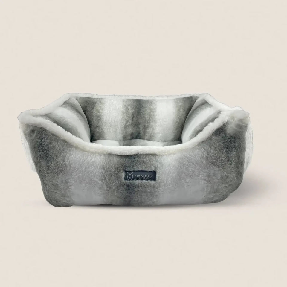 Gray NANDOG Cloud reversible pet bed with plush channel stitching, front view