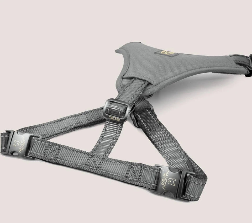 Gray NANDOG neoprene sport dog harness laid flat with adjustable straps and buckles