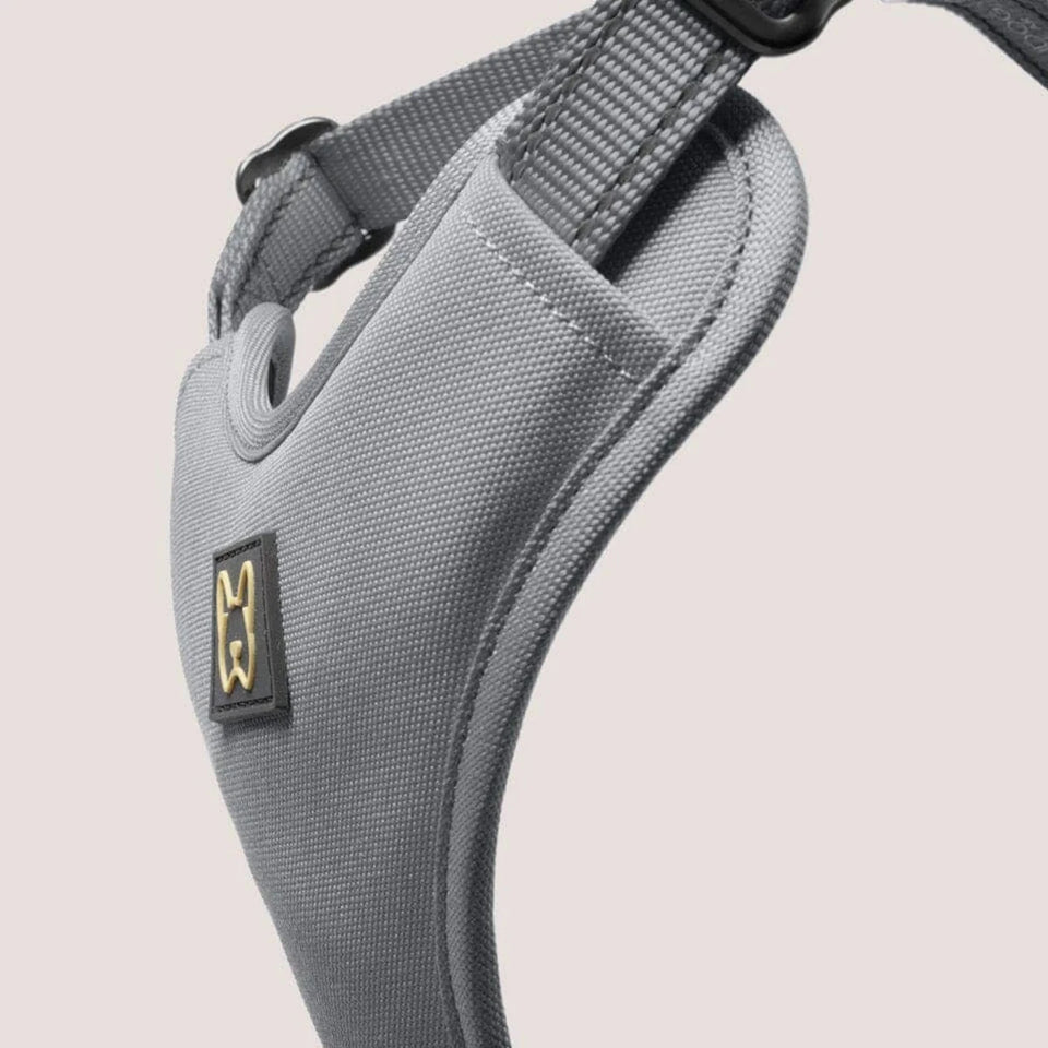 Close-up of gray NANDOG neoprene sport dog harness padded chest panel