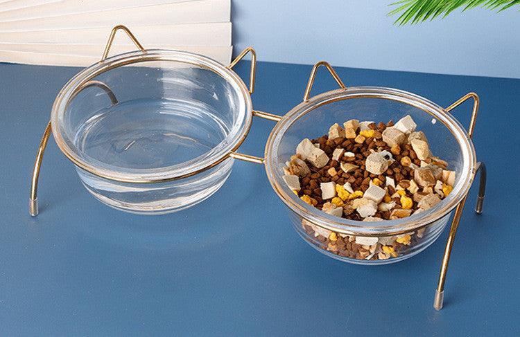 Sparkling Glass Cat Bowl With Elevated Metal Rack - Stylish And Functional Pet Feeder - Pets Perfect
