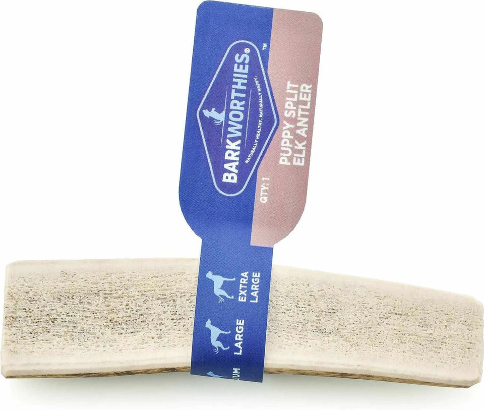 Close view of a Barkworthies split elk antler chew with blue product band