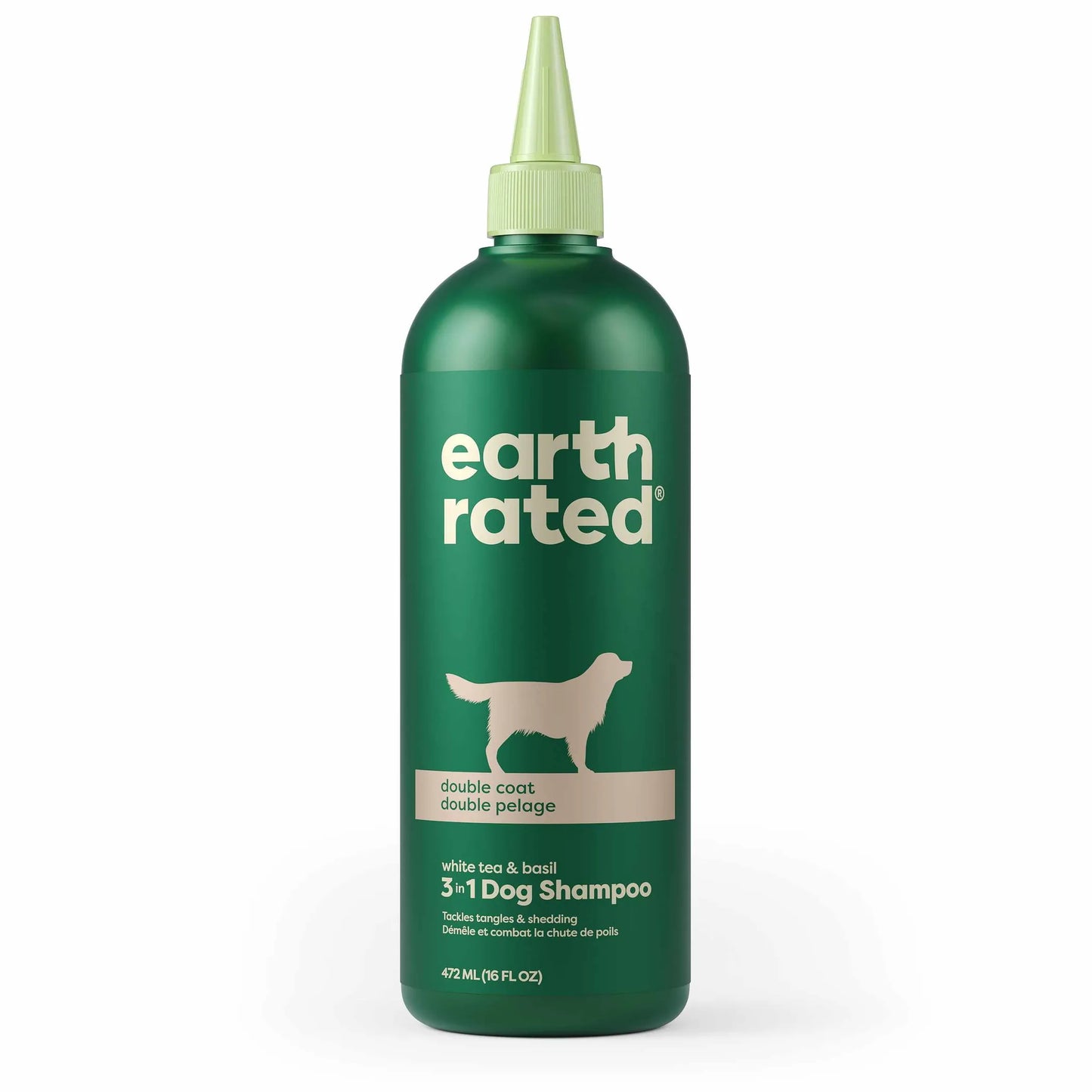 Earth Rated 3 in 1 Dog Shampoo Double Coat 16oz green bottle with dog silhouette for double coat grooming
