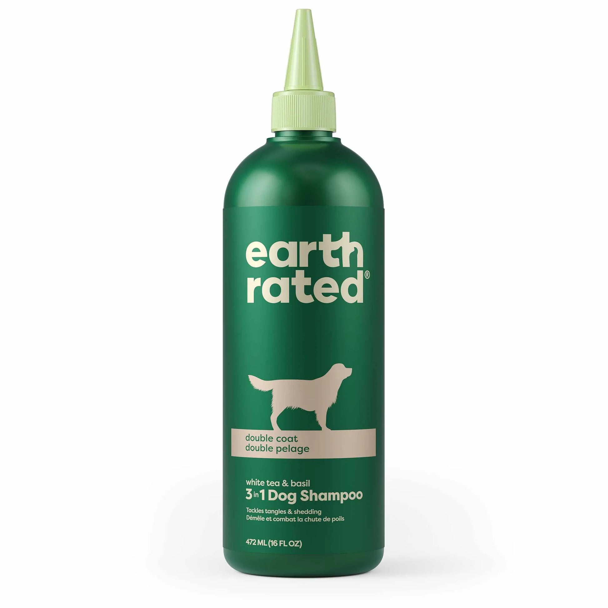 Earth Rated 3 in 1 Dog Shampoo Double Coat 16oz green bottle with dog silhouette for double coat grooming