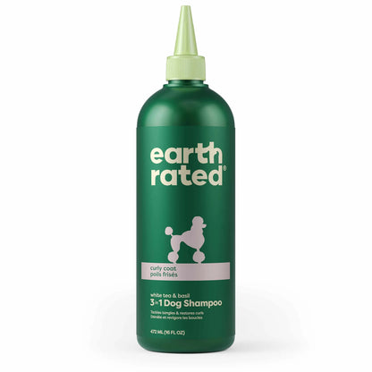 Earth Rated 3 in 1 Dog Shampoo Curly Coat 16oz green bottle with poodle graphic and white text label