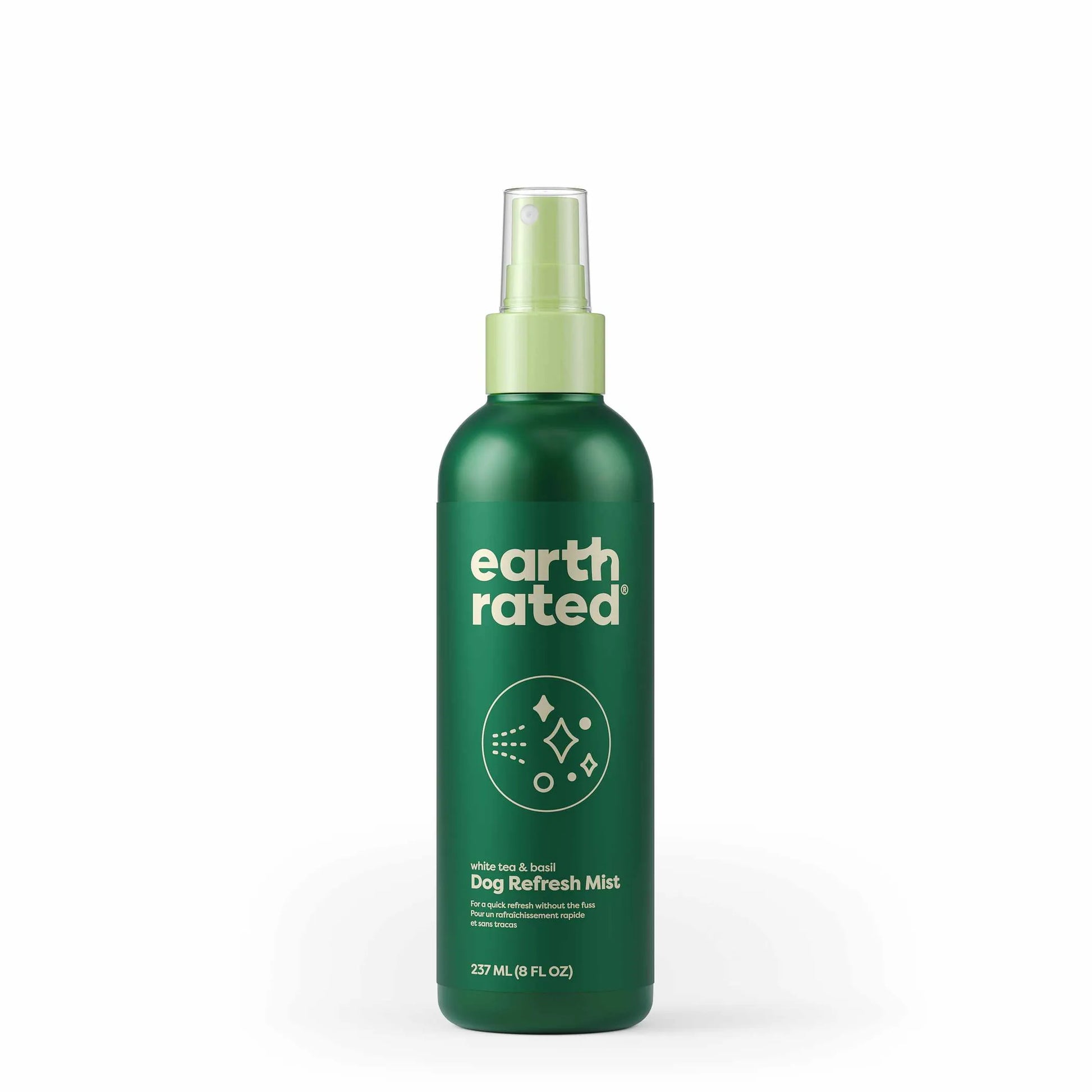 Earth Rated Dog Refresh Mist 8oz in green bottle with spray nozzle for pet grooming and odor control