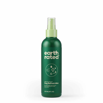 Earth Rated Dog Refresh Mist 8oz in green bottle with spray nozzle for pet grooming and odor control